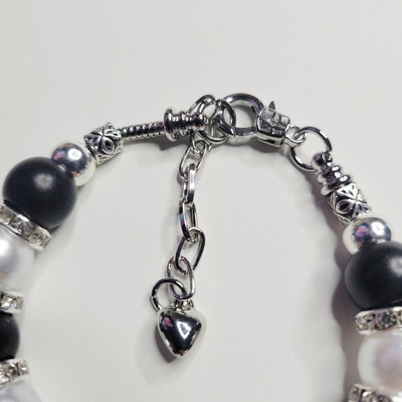 NWT Pandora Style Charm Bracelet Big Black And White Tuxedo Rhinestones Med - Lg - Picture 2 of 6